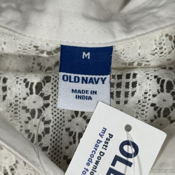 Old Navy Shirt Women Medium White Open Crochet Button Up Boho Neutral Minimalist - Picture 6 of 8